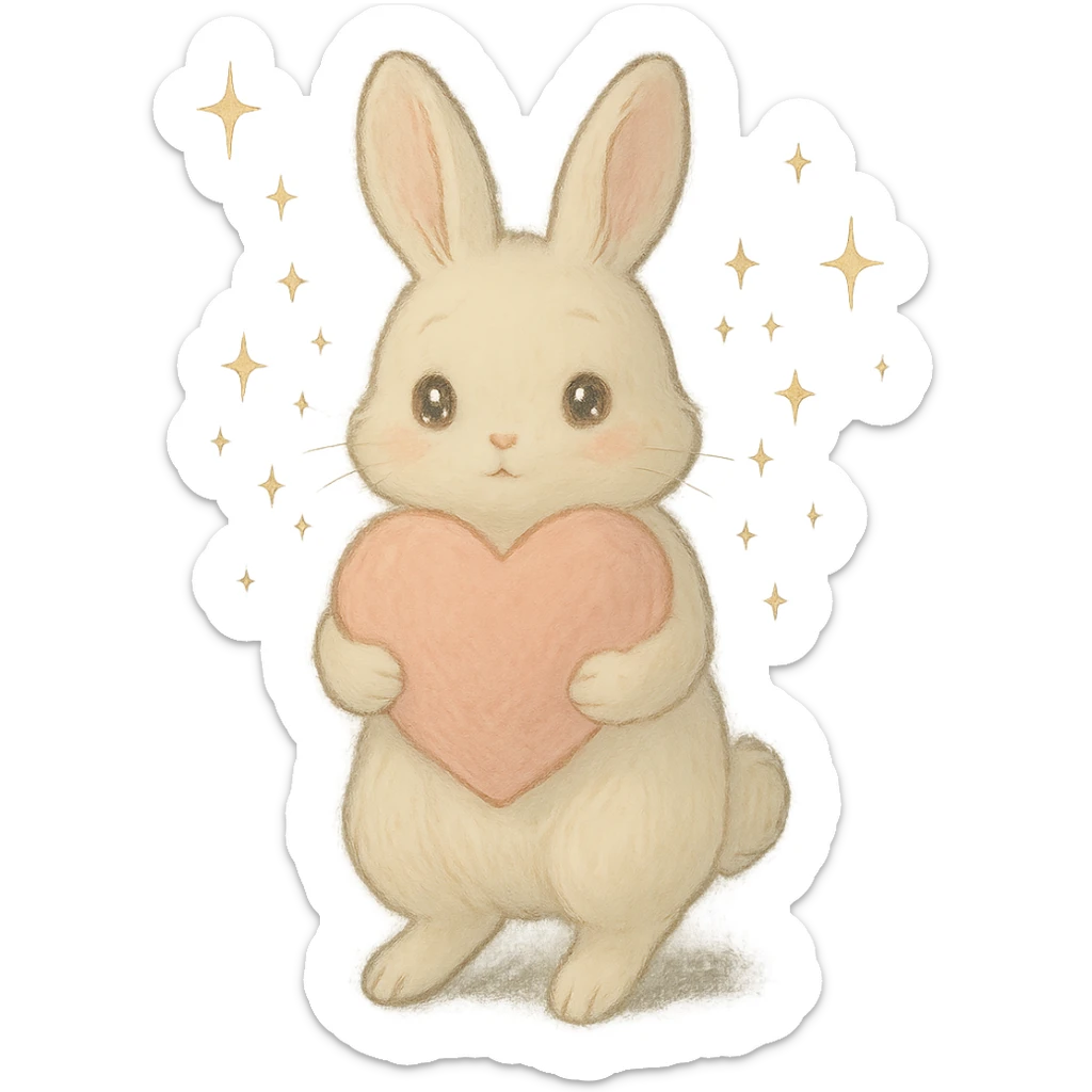full-body milky white bunny with sparkling eyes, holding a big heart, sparkles floating around, dreamy pose, soft pastel Ghibli look sticker