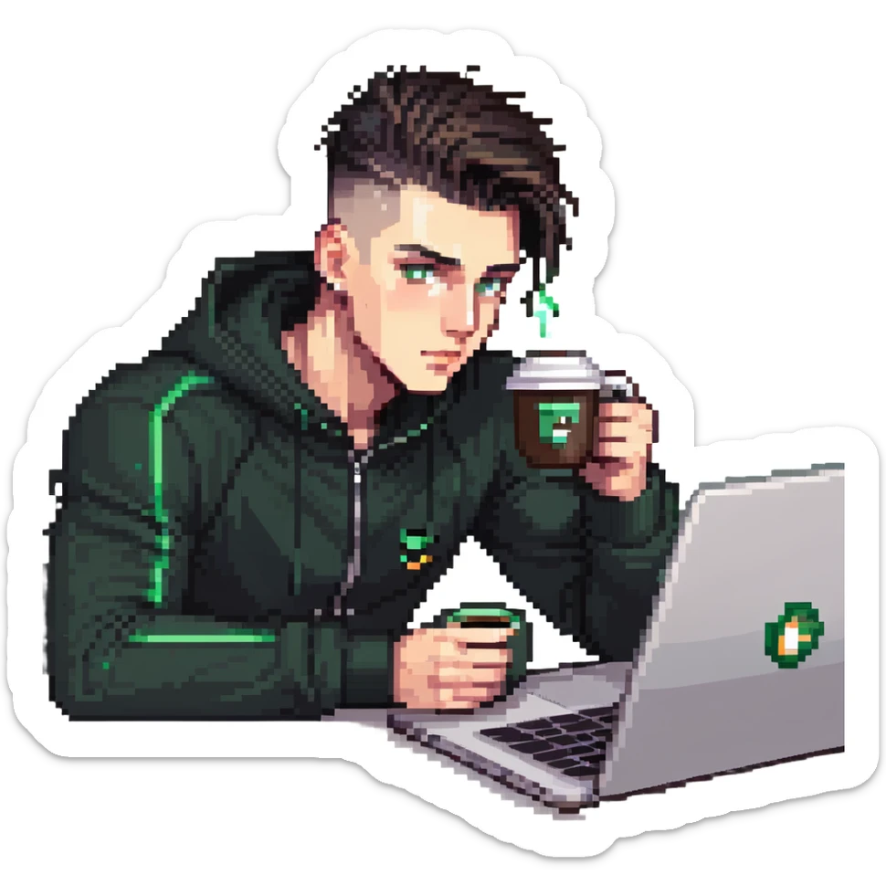 male with dark hair, high fade haircut, high slick back hairstyle, green eyes, wearing a black tracksuit, coding on black laptop, drinking coffee sticker