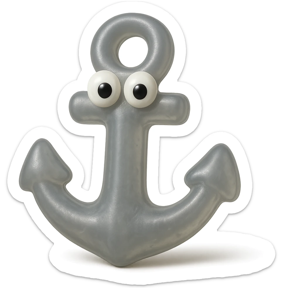 hyper-detailed retro 90's toy style anchor, very transparent, natural metallic gray, soft plastic, derpy eyes, soft reflections, soft and squishy, some cloudiness, not shiny, highly detailed, appealing, no tag, no background sticker