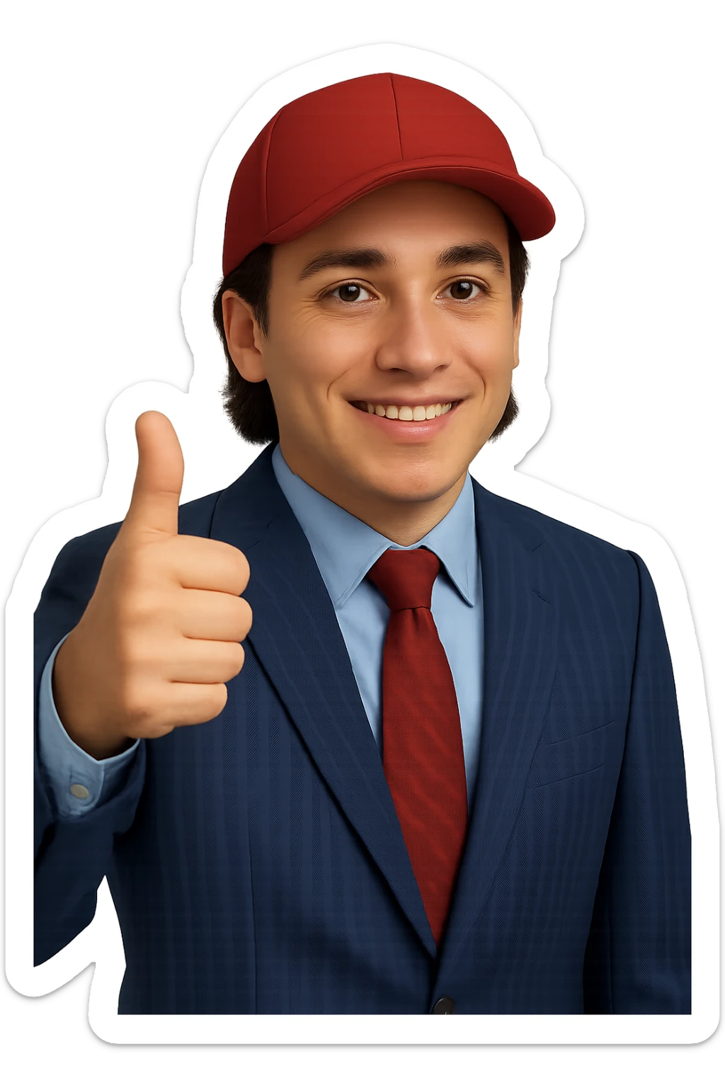 Change the skin tone to white. Maintain the 50% realistic emoji style of a smiling man in a pinstripe suit and red cap, giving a thumbs up. Transparent background. sticker