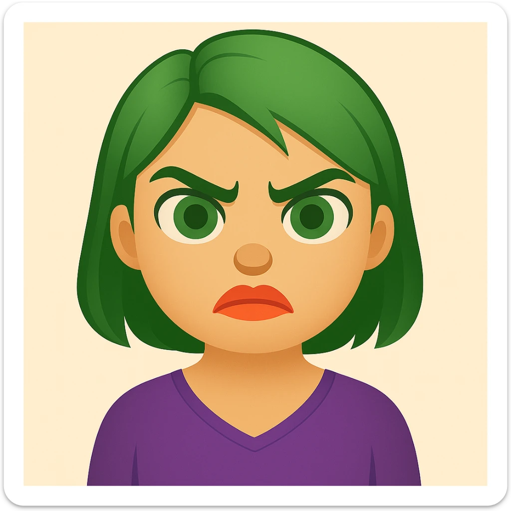 Create an emoji style image of a girl with green hair, angry expression, green eyes, and lipstick blended with coral and orange. sticker