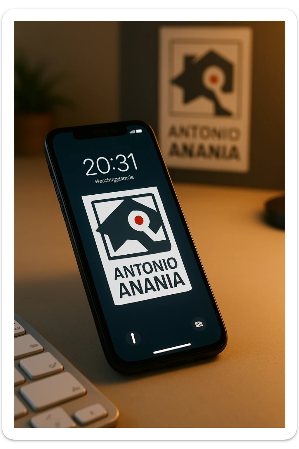 A photo of an iPhone with the message "Antonio Anania" on its screen, The phone sits atop a desk with a blurred background that suggests work environment. A faint glow from above casts gentle shadows across the surface of each object, creating depth and highlighting their textures sticker