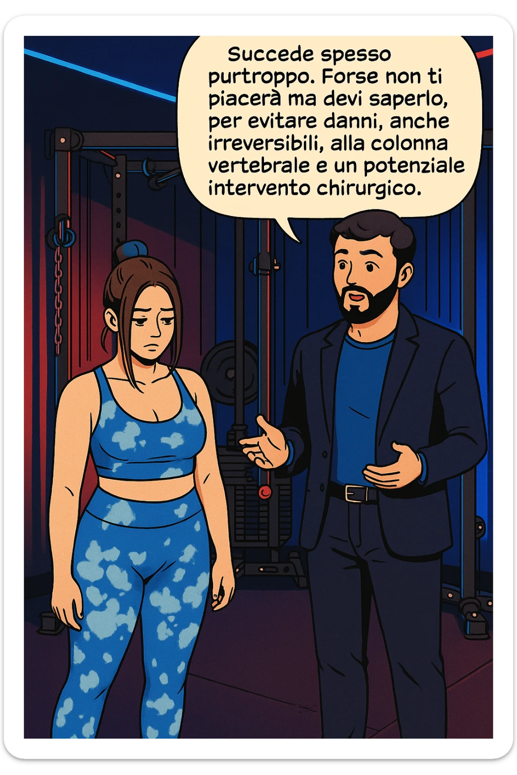 fai questa immagine in versione fumetto/manga/webtoon a colori, il manga mostra l'uomo che risponde alla donne:
Succede spesso purtroppo. 
Forse non ti piacerà ma devi saperlo, per evitare danni, anche irreversibili, alla colonna vertebrale e un potenziale intervento chirurgico. sticker