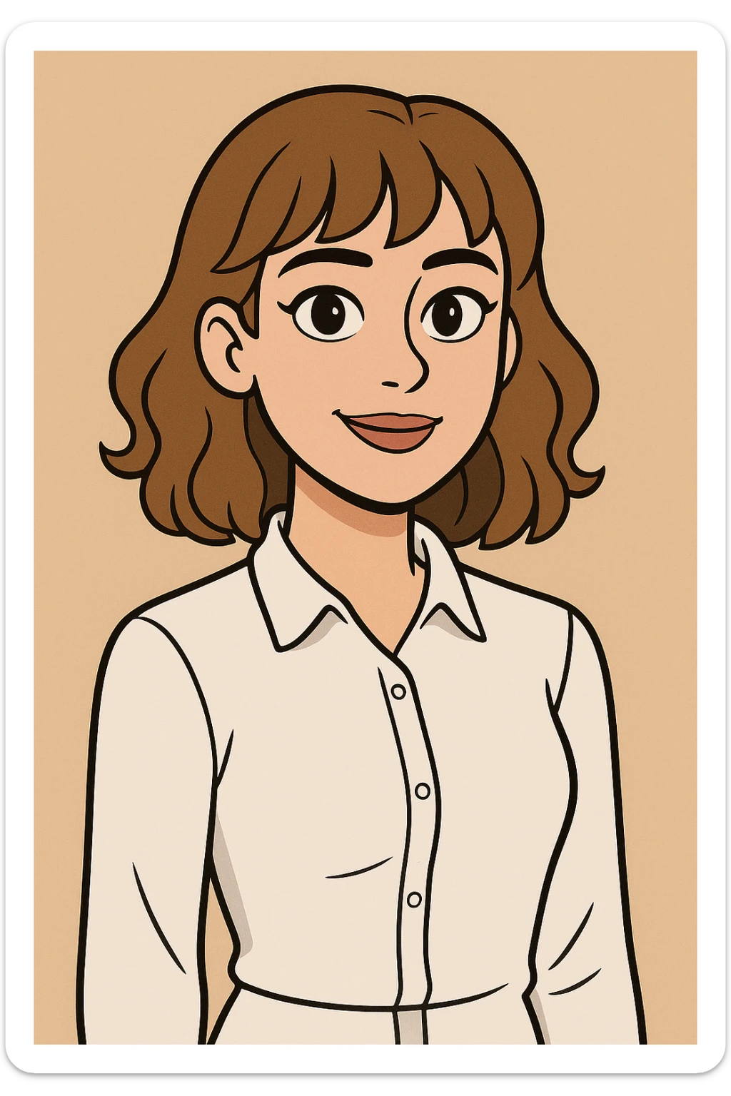 cartoon-style AI avatar, 22-year-old woman, brown eyes, light brown shoulder-length hair with soft curls and bangs, light makeup, white dress shirt sticker