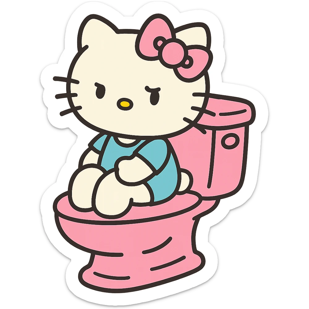 a pink toilet with Hello Kitty sitting, pastel colors sticker