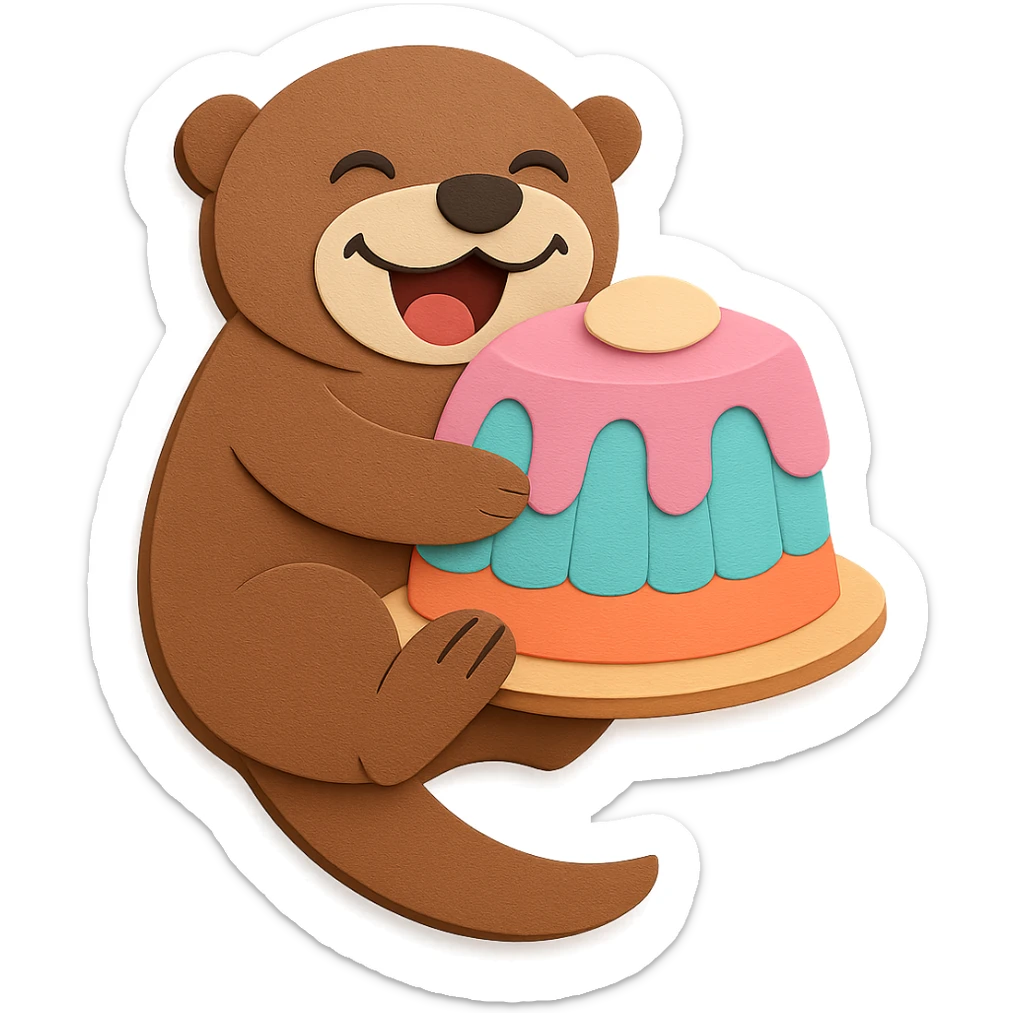 Amend the pink color layer of the cake to be visually good looking and well shaped, and ensure there are no imperfections on the otter's tummy and the pink color layer of the cake. Keep all other design elements unchanged, maintain transparent background. sticker
