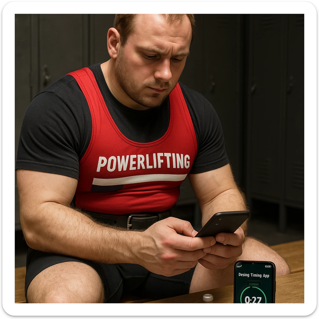 European powerlifter in competition clothing consulting a smartphone with dosing timing app, short detection doping vial on table, reserved atmosphere, realistic details, locker room background sticker