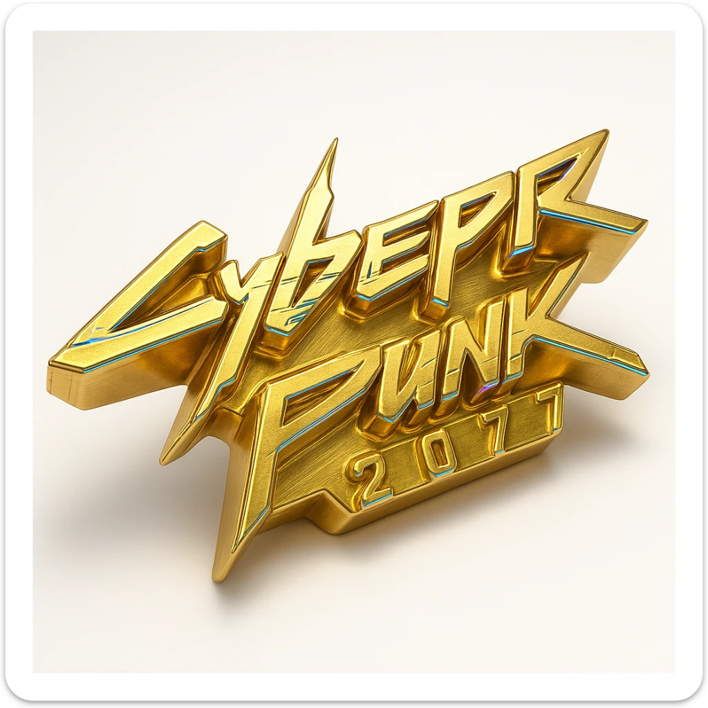 cyberpunk 2077 logo, metallic gold with neon blue and pink highlights, futuristic font sticker