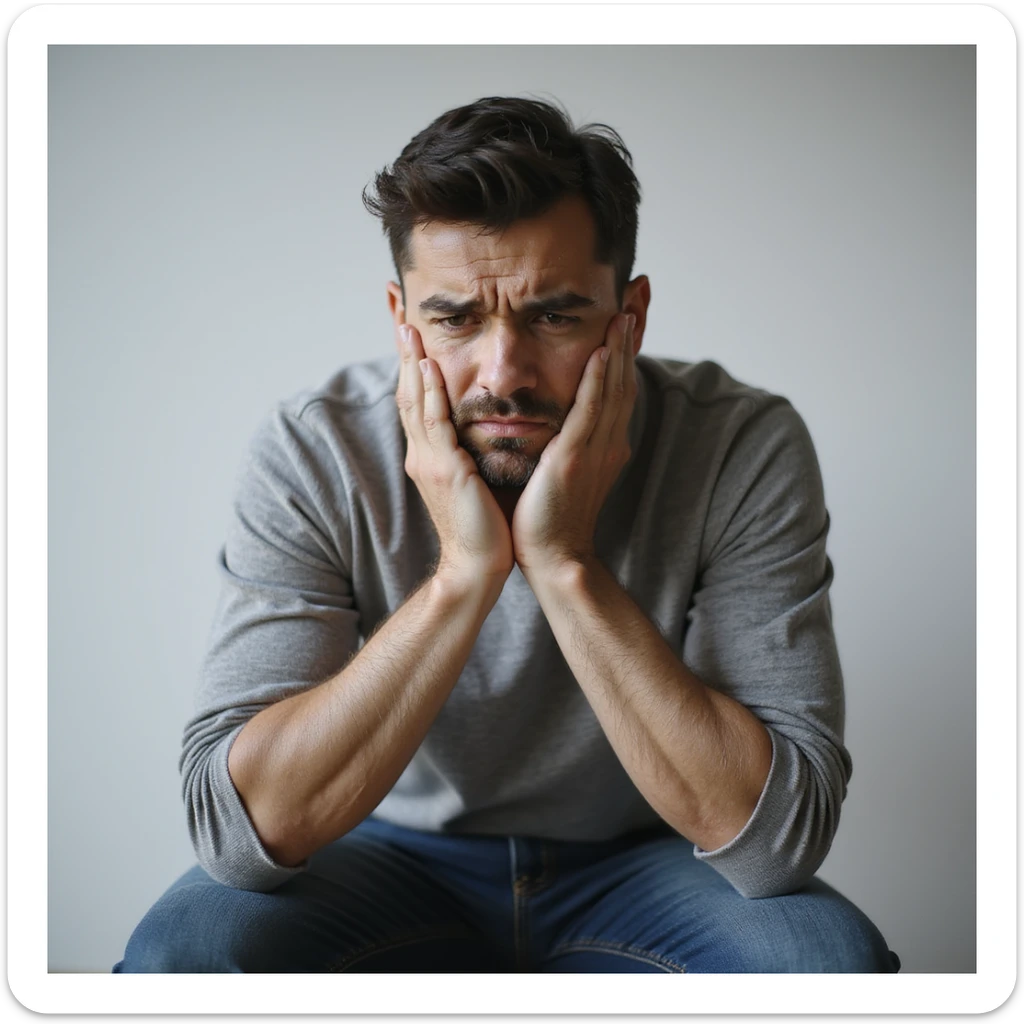 realistic 30-year-old man suffering from anxiety, sitting with knees to chest, worried expression, neutral background sticker