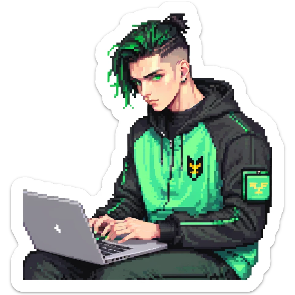 male with dark hair, wearing a black palm angels tracksuit, high fade haircut, slick back hairstyle, green eyes, green aura, coding on black laptop sticker