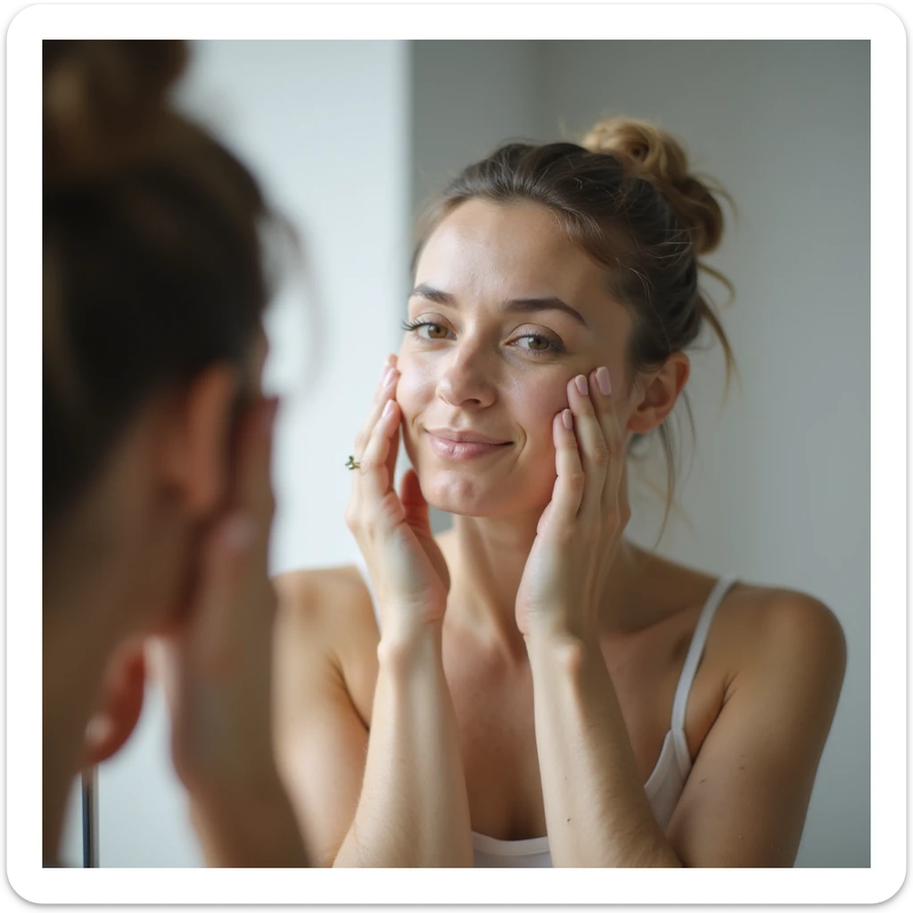 adult woman taking care of her skin in front of the mirror, theme of wellness and self-acceptance, realistic style, natural details, bathroom environment sticker
