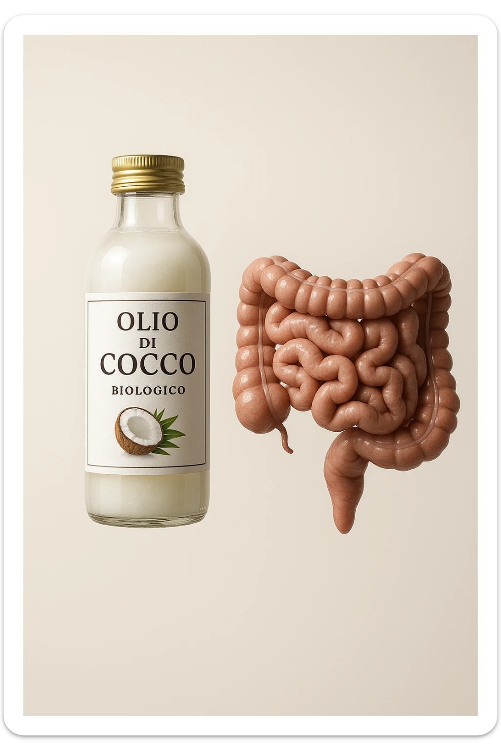 BOCCETTA DI OLIO DI COCCO BIOLOGICO (FAI UN ETICHETTA SUL PRODOTTO IN ITALIANO) CHE FLUTTUA IN ARIA INSIEME A UN INTESTINO UMANO ANATOMICO IN PERFETTA SALUTE, SFONDO CHIARO, iperrealistico 4k sticker