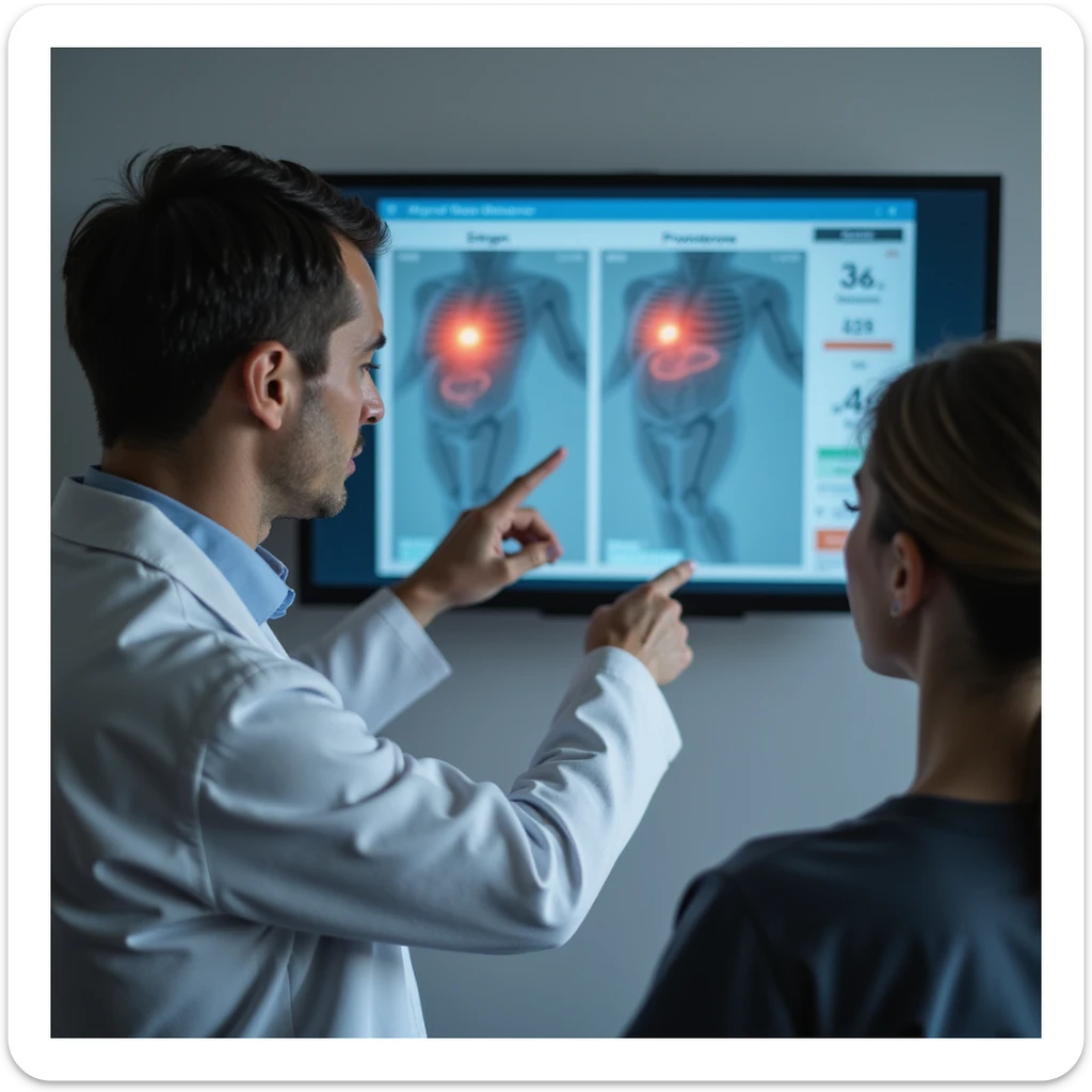 hyperrealistic 4K image of a woman with hormonal imbalance, doctor pointing at a monitor showing altered estrogen and progesterone levels, labels clearly visible, woman listening attentively sticker