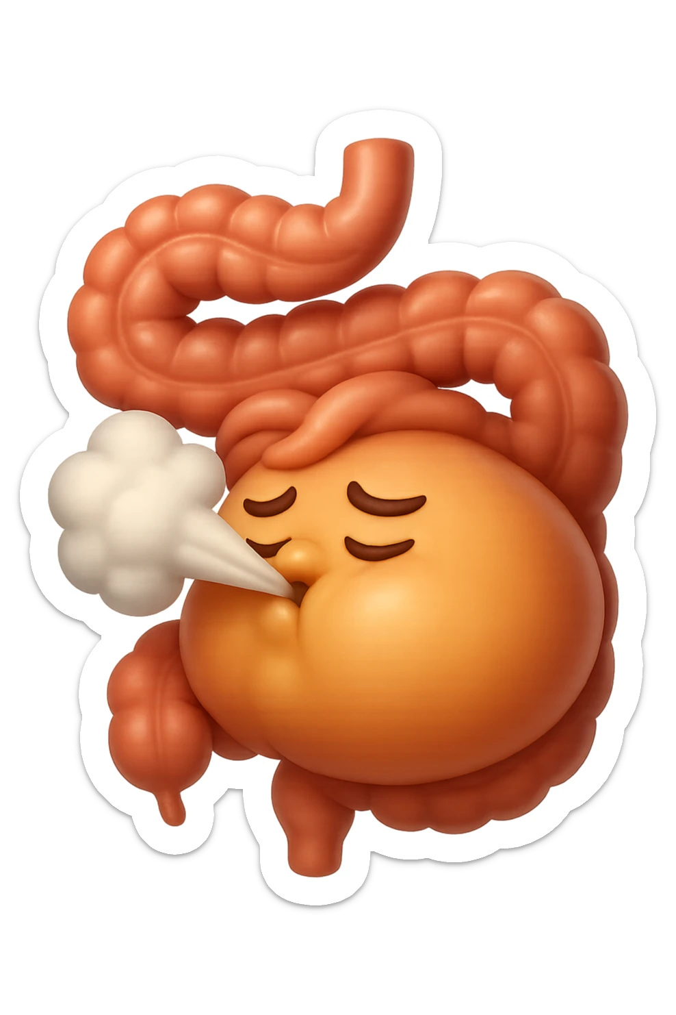 emoji stile iphone di un intestino che ingoia una nuvoletta di aria ben visibile e gli si gonfia la pancia, non fargli il naso, iperrealistico 4k sticker