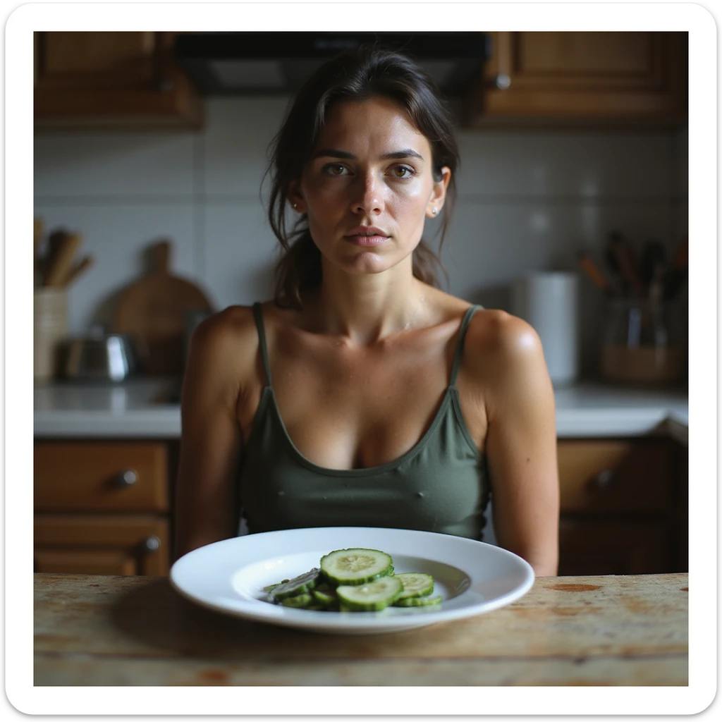 realistic style adult thin woman sitting in front of a plate with only a slice of cucumber, downcast expression, kitchen environment, atmosphere of food restriction sticker