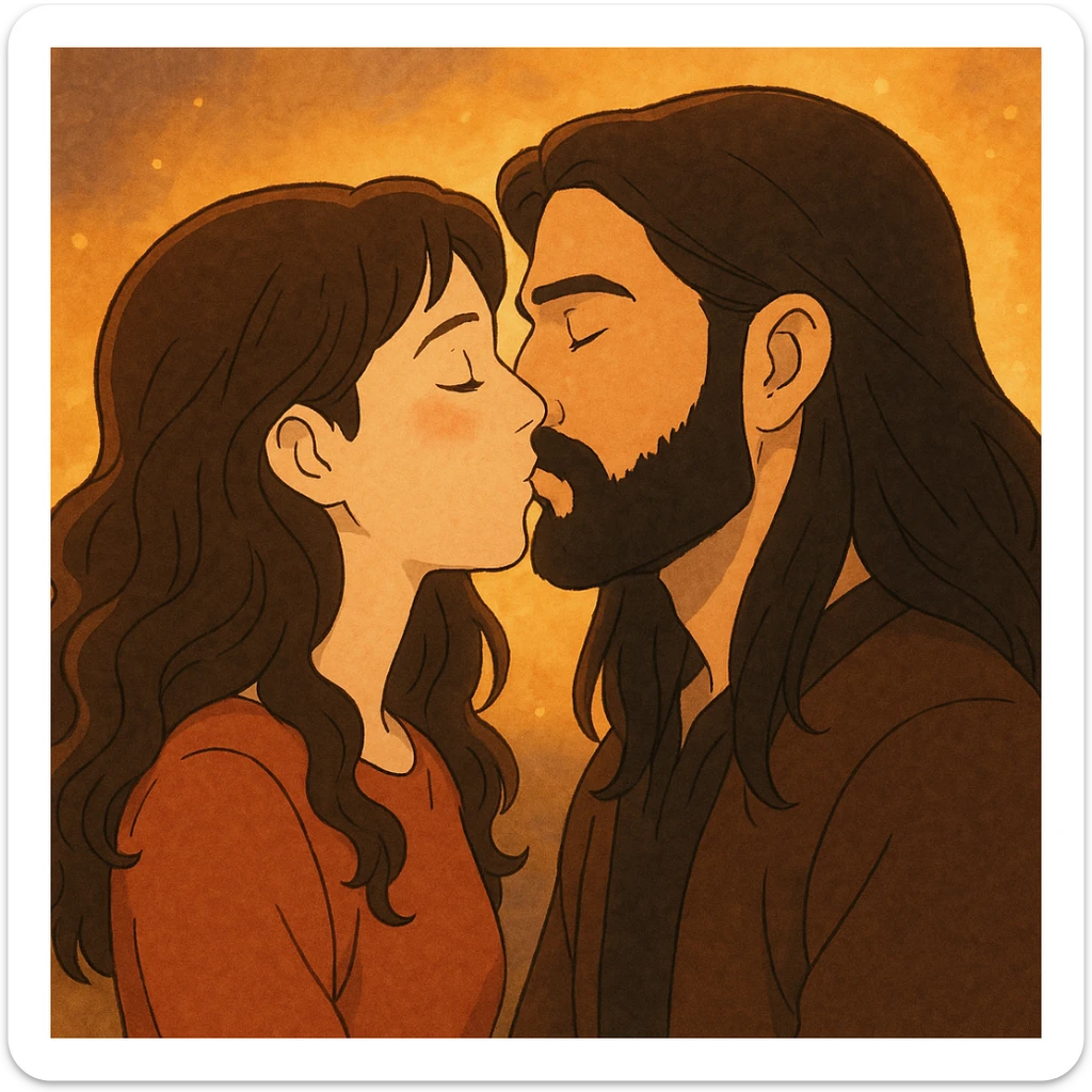 ghibli style of a white woman with long dark brown wavy hair and a white man with long hair and black beard kissing, warm light sticker