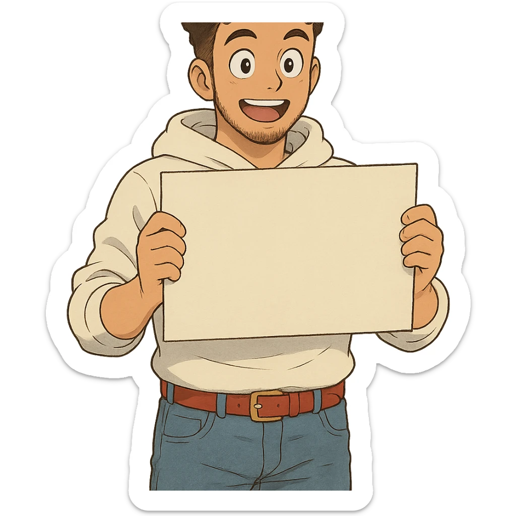 1 male, mid fade haircut dark chestnut brown curly hair, toasted lightskin, white hoodie sleeves up, fashion jeans, red fashion-sneakers shoes, red belt, short trimmed beard and goatee,  style of deku from "my hero academia", pose: holding a blank poster shoulder level, the image is framed from the waist to above the top of the head, facial expression is excited sticker