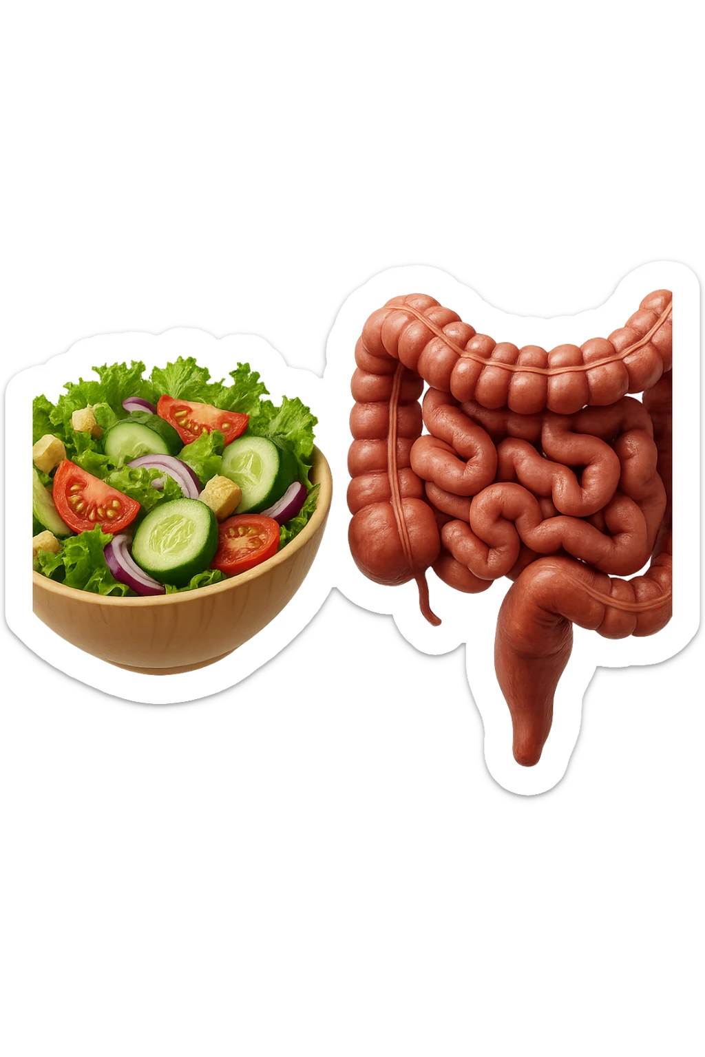 bowl di insalata fluttua in aria insieme ad intestino umano anatomico realistico, IPERREALISTICO 4K sticker