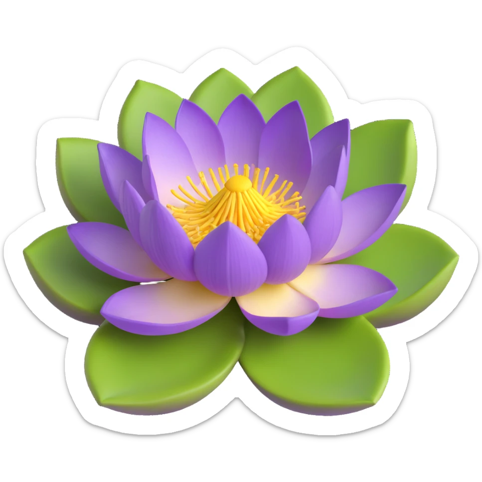 Realistic purple lotus flower with detailed petals, yellow stamens, and green lotus pad sticker