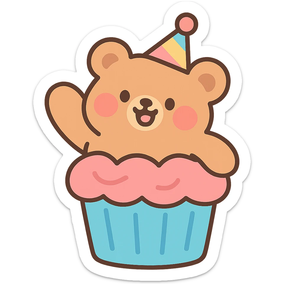 fluffy bear popping out of a cupcake, wearing a party hat, pastel-toon style sticker