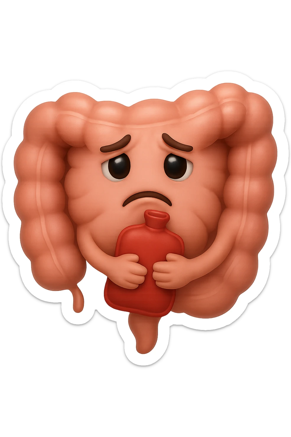 emoji stile iphone di un intestino che si tiene la borsa dell'acqua calda al centro, espressione di tristezza in volto, iperrealistico 4k sticker
