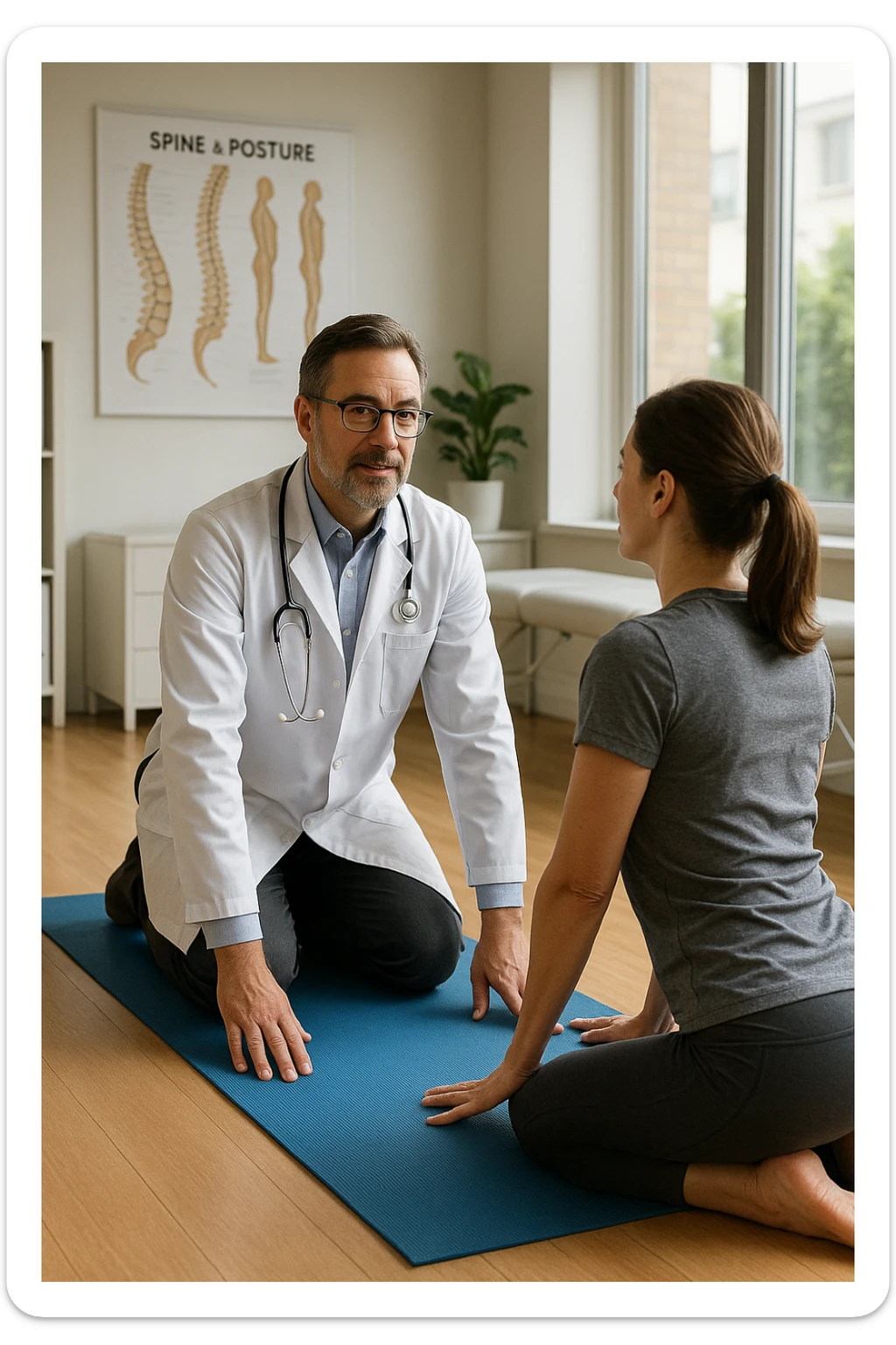 A realistic, cinematic illustration of a professional doctor in a white coat inside a bright, modern medical office, demonstrating a simple stretching exercise to a patient for improving posture. The doctor, calm and encouraging, shows a gentle spinal extension stretch while explaining its benefits for posture and spinal health, with an anatomical poster of the spine and posture alignment in the background. The scene includes a yoga mat, clean wooden floors, and natural light streaming through large windows, creating a warm, health-focused atmosphere. The patient, in comfortable activewear, watches and mirrors the stretch, emphasizing the preventive and therapeutic role of stretching for posture correction under medical guidanc sticker