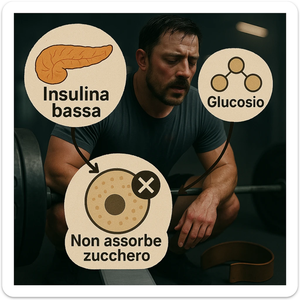 Add clear and legible Italian text to the icons in a realistic and symbolic-medical style: label the pancreas with 'Insulina bassa', the molecules with 'Glucosio', and the cells with 'Non assorbe zucchero'. Maintain the realistic and symbolic-medical style with clear and readable text. sticker