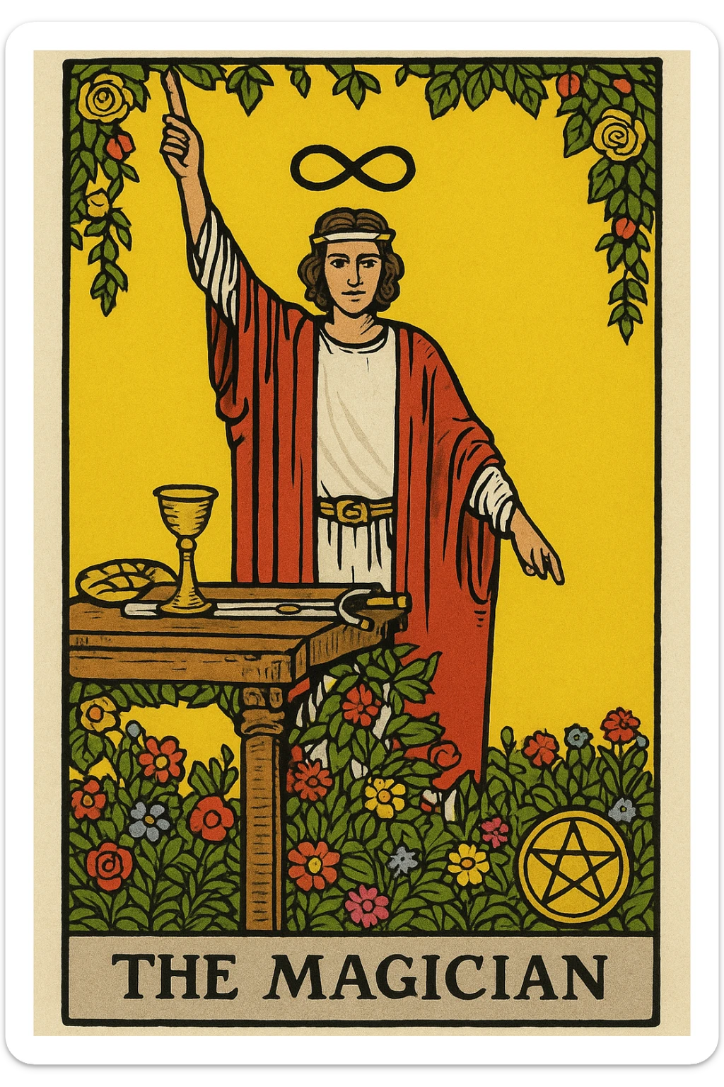 The Magician tarot card, Rider Waite Smith inspired, standing magician with one hand up, one hand down, infinity symbol above head, table with magical tools, garden of flowers, yellow background. sticker