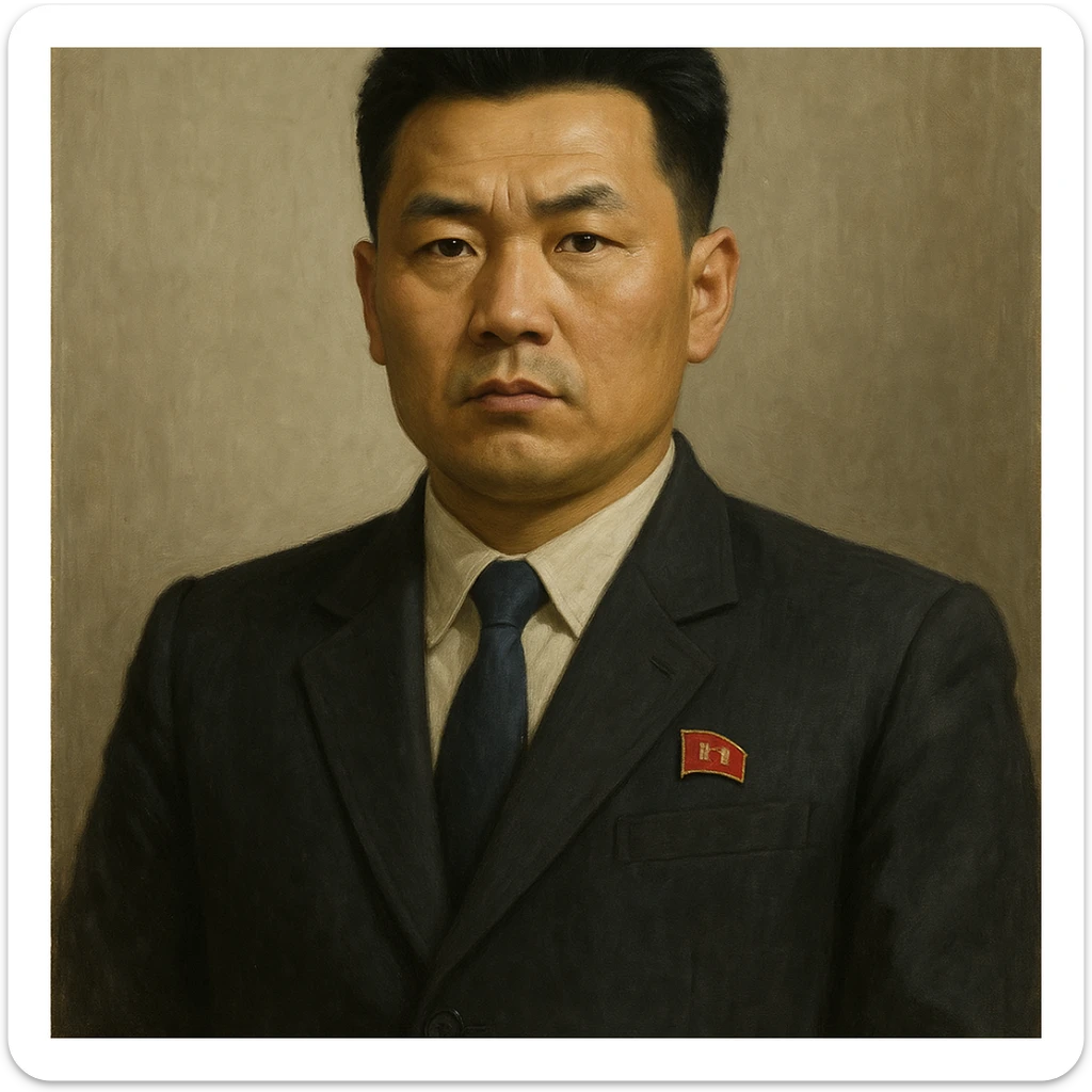 Official portrait of a North Korean man, head of the hull production workshop at a shipyard, serious and formal style, dark suit, neutral background, confident and focused expression, style inspired by Soviet and North Korean official portraits sticker