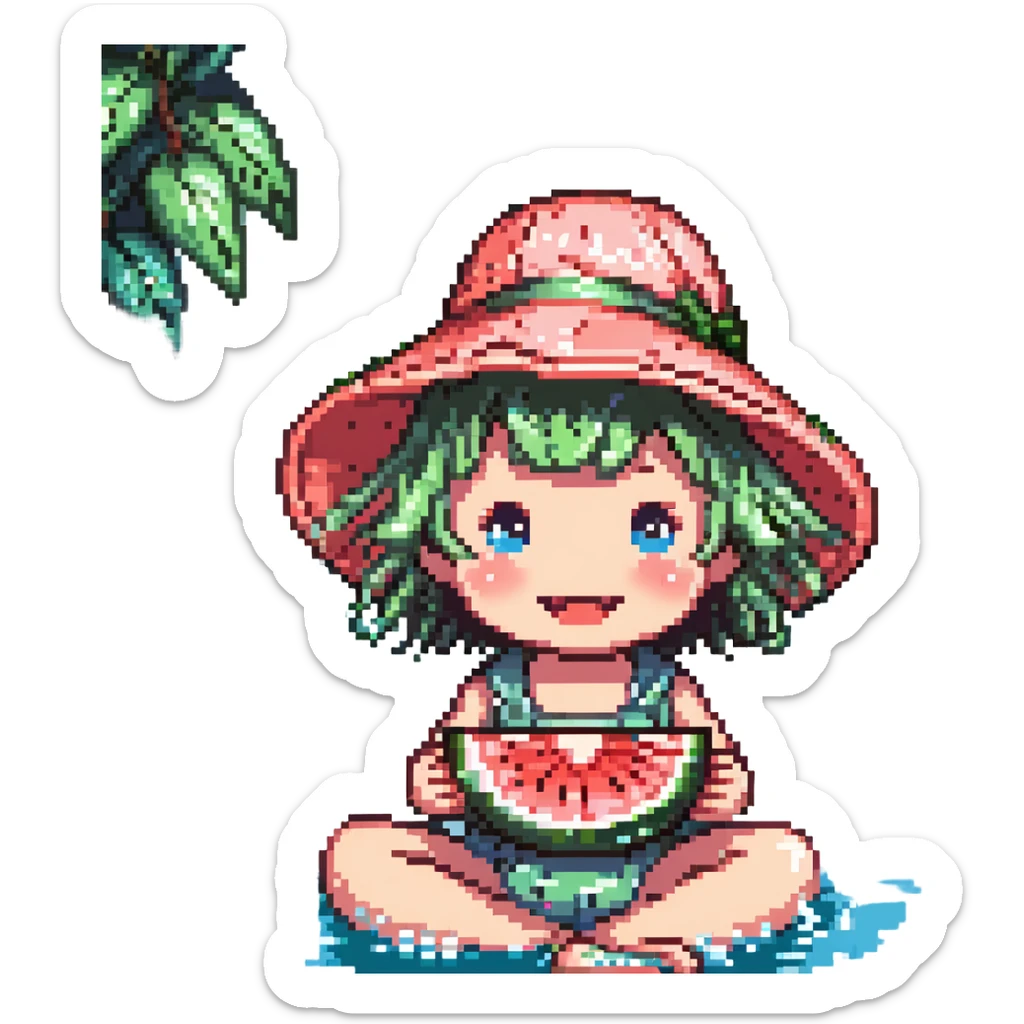 Change the river color to a soft pastel purple, keeping the rest of the pixel art scene the same, with a happy kid in a floppy sun hat eating watermelon by the river, surrounded by sparkles and water splashes. sticker