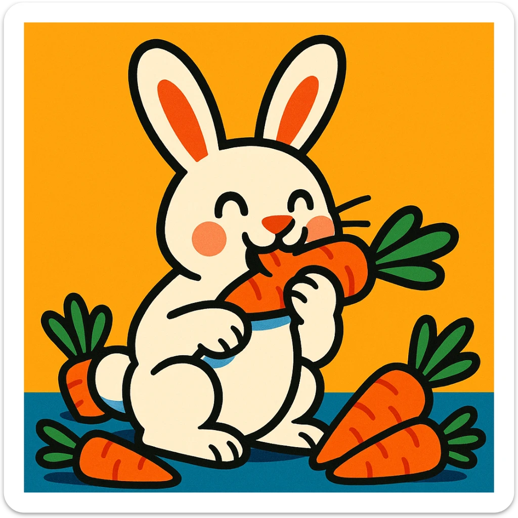 conejo blanco comiendo zanahorias, estilo ilustración vibrante y alegre, fondo simple sticker