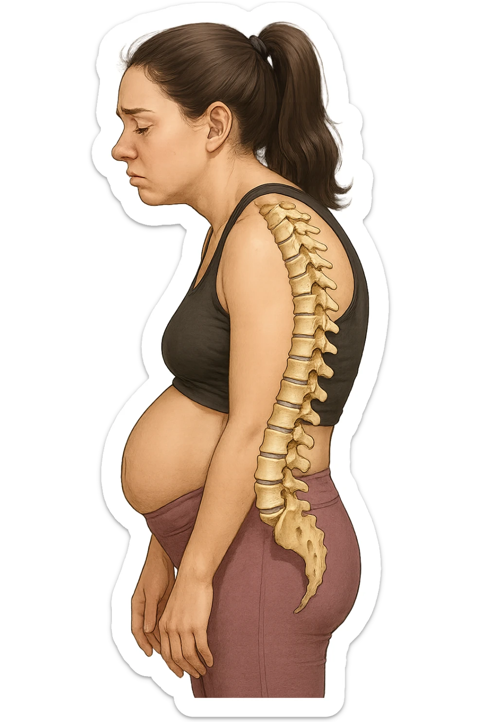 DONNA GIOVANE FITNESS DI PROFILO CON LA POSTURA SBAGLIATA, SPINA DORSALE UMANA ANATOMICA REALISTICA IN EVIDENZA, LA PANCIA IN FUORI E LE SPALLE CHIUSE sticker
