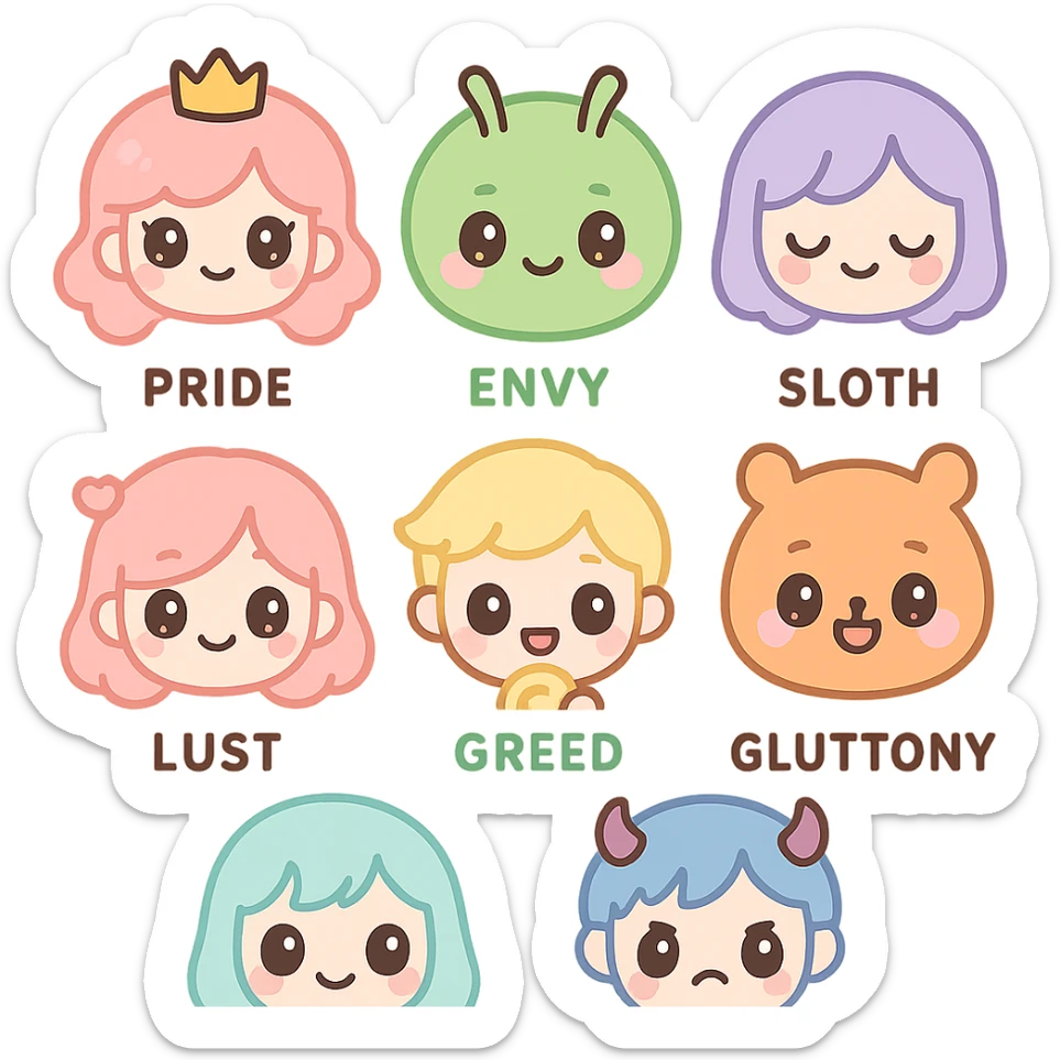anime style icon set, each representing one of the seven deadly sins, in a cohesive group sticker