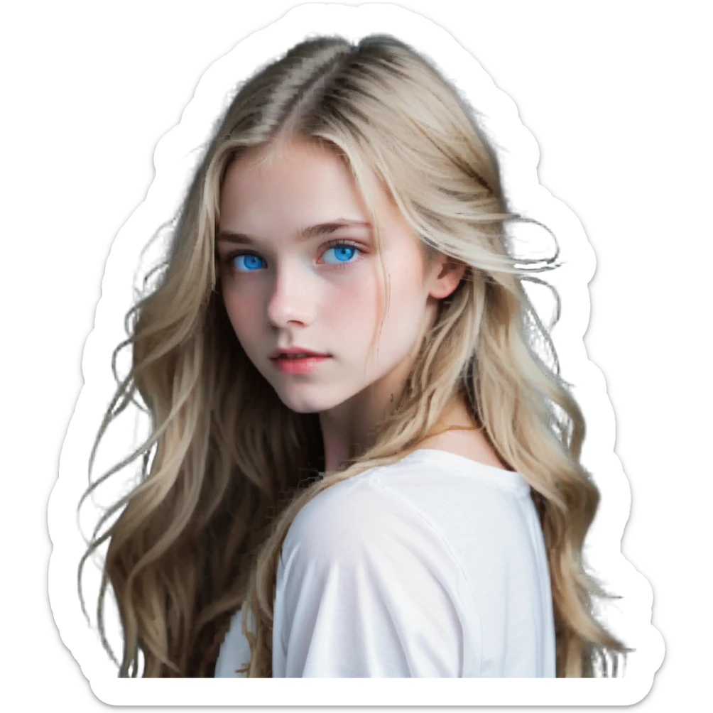 girl with long dirty blond hair, blue eyes, wearing a white top sticker