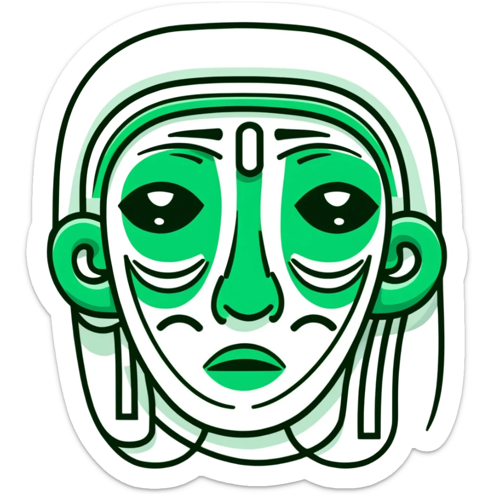 Maya hieroglyphic facial expressions: happy, sad, surprised. Only dark green lines on white background, strict minimalist geometric style sticker