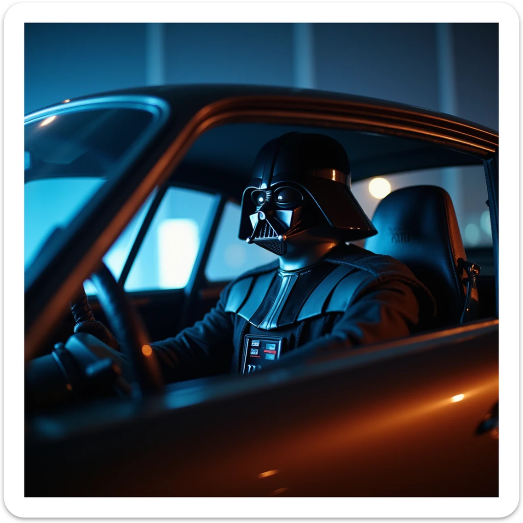Cinematic shot of a Darth vader sitting in porsche 911, blue and orange lights, full car shot sticker