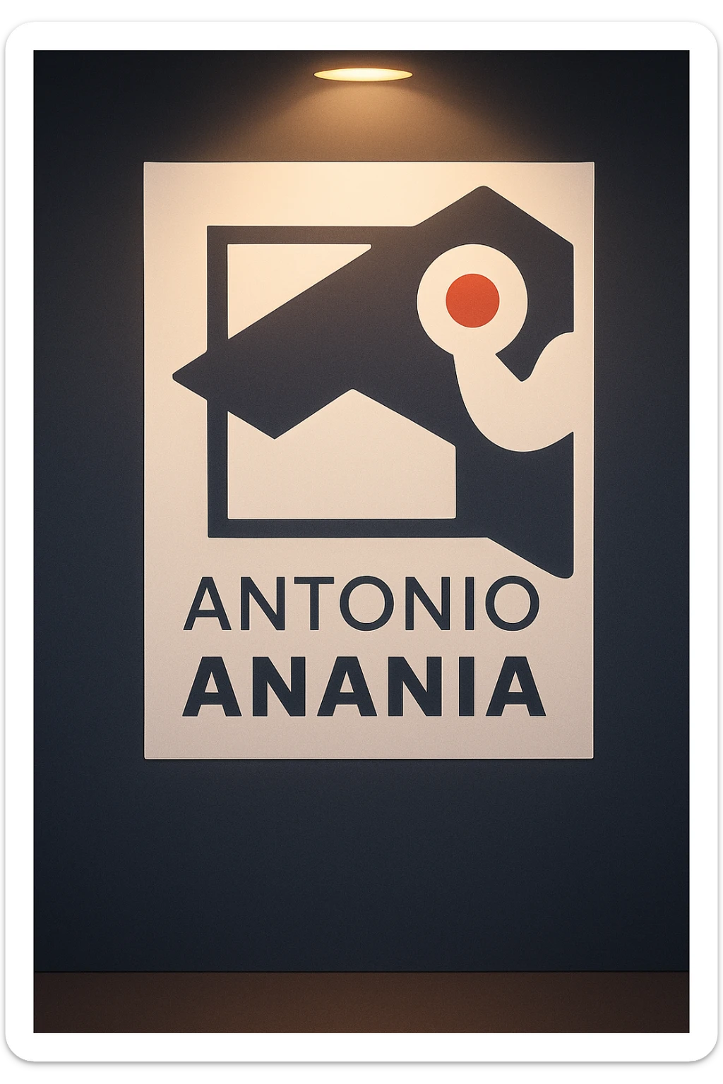 su questo stile fai un manga/webtoon a colori in cui mostri quella parete dietro dello studio con il suo logo e la scritta "ANTONIO ANANIA" SOTTO IL LOGO, LUCE CHE ILLUMINA IL LOGO sticker