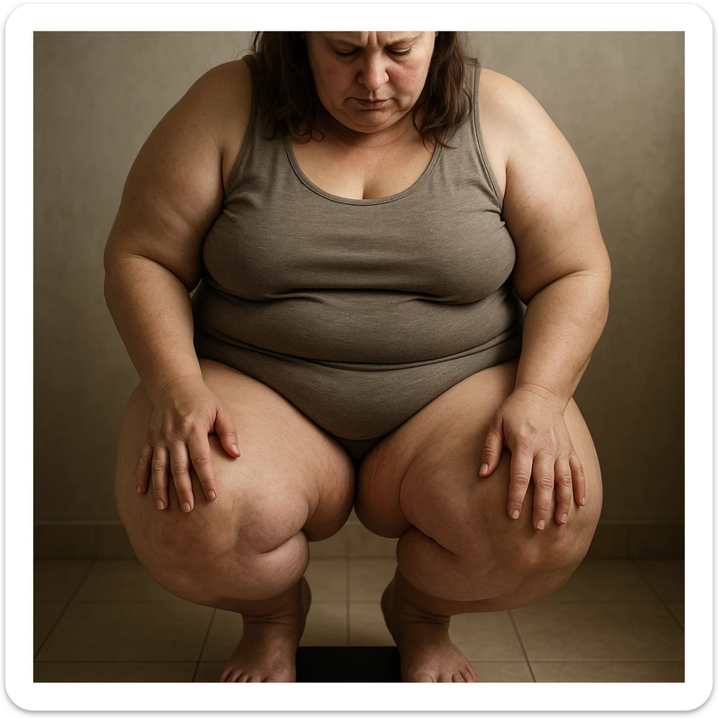 overweight woman weighing herself on scale, stubborn fat on legs and thighs, hyper realistic 4K style, skin details, self-analysis atmosphere sticker