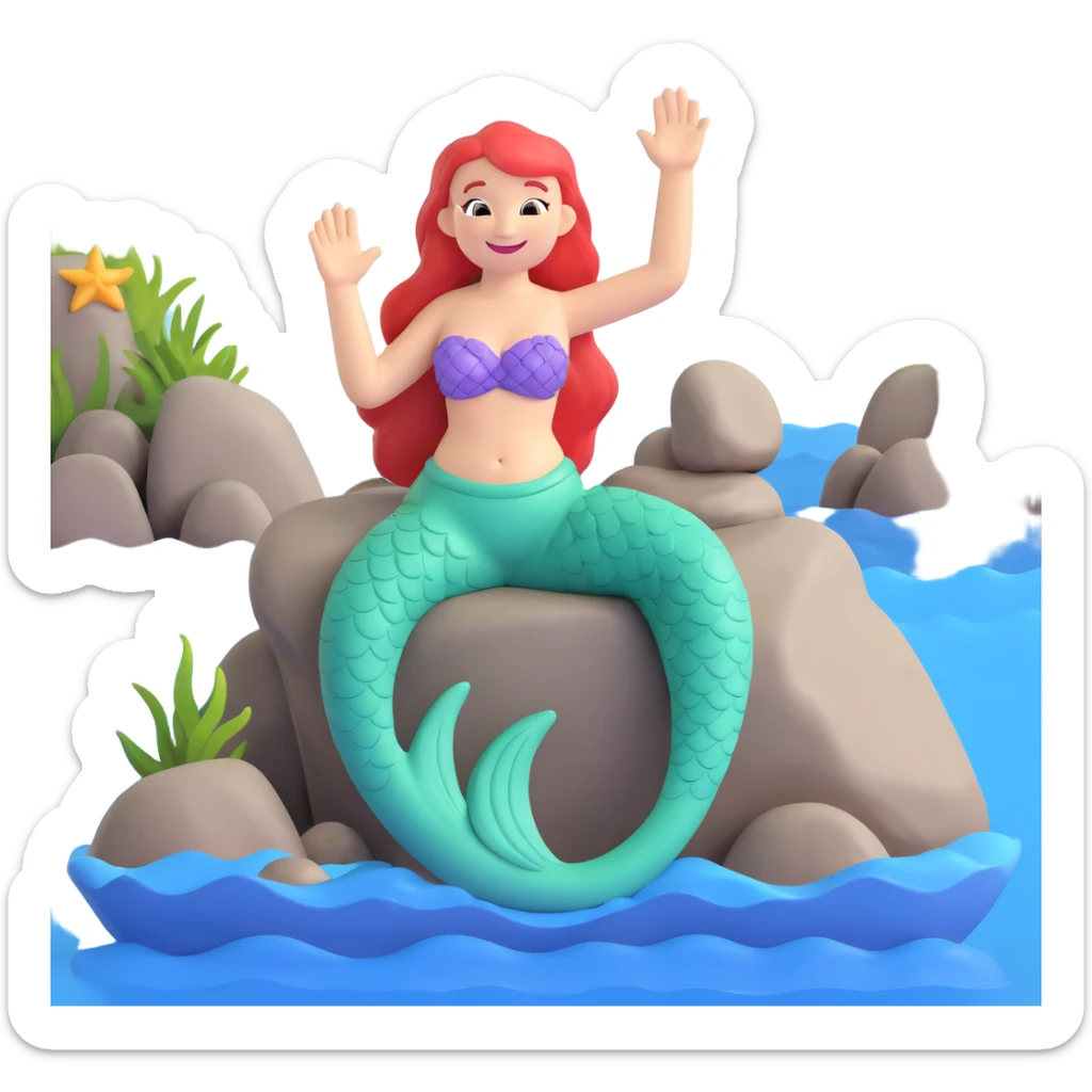 a cheerful little mermaid sitting on a rock, waving to the viewer, with a big smile sticker