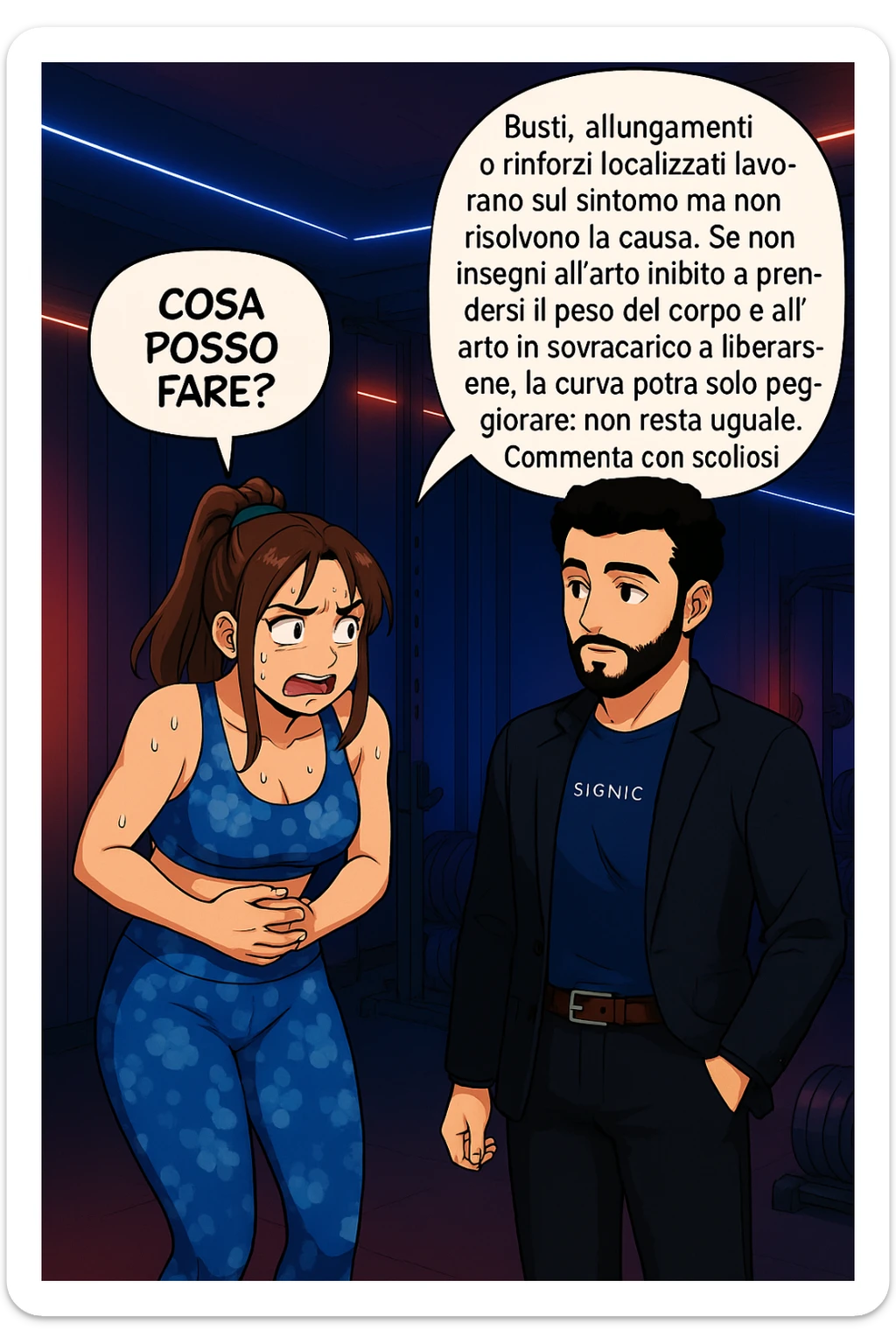 ispirati a questo stile di disegno e fai questa immagine in versione manga/webtoon a colori, il manga mostra la donna preoccupata che chiede: "COSA POSSO FARE?" E L'UOMO CHE RISPONDE: Busti, allungamenti o rinforzi localizzati lavorano sul sintomo ma non risolvono la causa. Se non insegni all’arto inibito a prendersi il peso del corpo e all’arto in sovraccarico a liberarsene, la curva potrà solo peggiorare; non resta uguale. Commenta con scoliosi e ti mando un esempio del lavoro da fare per recuperare simmetria ed eliminare il dolore. sticker