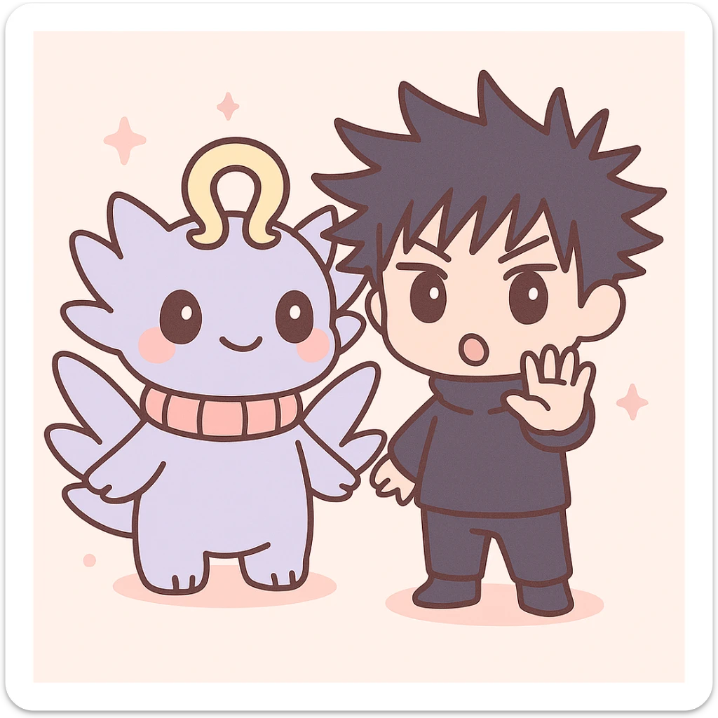 Add Megumi Fushiguro in a summoning pose next to Mahoraga in a cute and simplified chibi style, with both characters visible. sticker