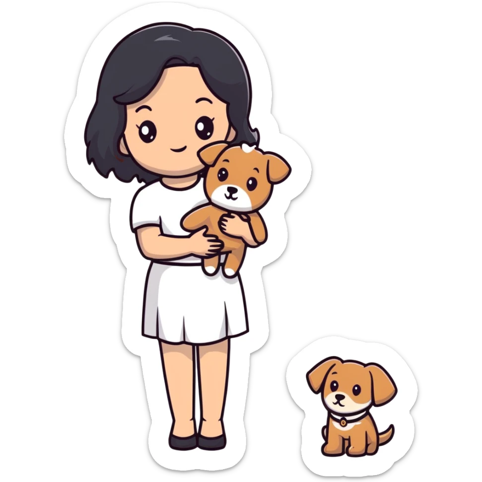 beautiful girl with long straight black hair wearing a white skirt holding a small brown curly teddy dog sticker