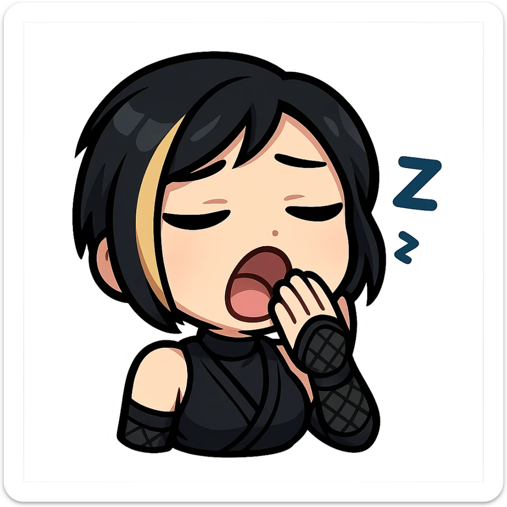 Sexy chibi ninja girl with black short hair and a blonde streak, only head and arms, colorful chibi style with bold outlines, transparent background, no mask, yawning expression with eyes half-closed and hand covering mouth, sized for Twitch emoji use. sticker