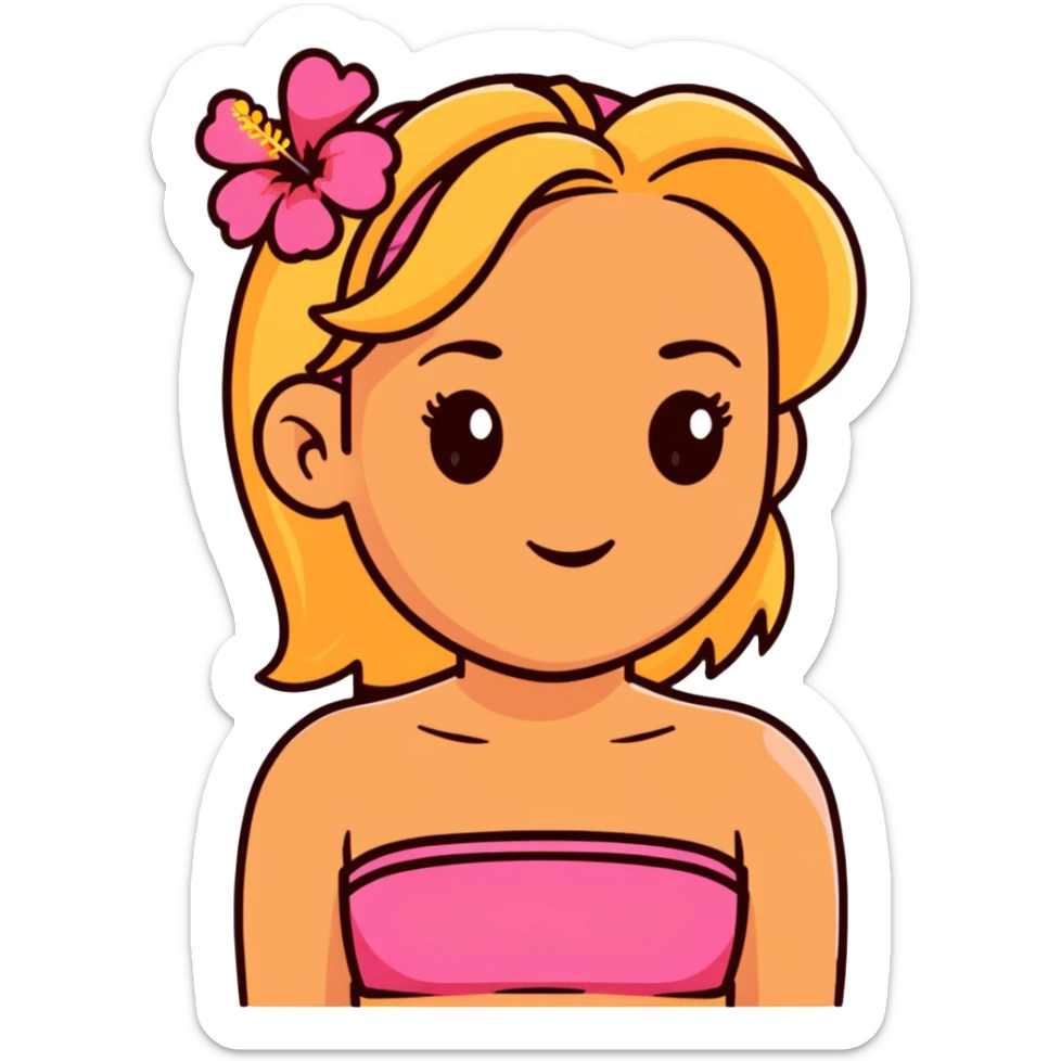 tan girl with blonde hair and brown highlight streaks with a hibiscus flower in her hair wearing a pink tube top with tan lines showing sticker