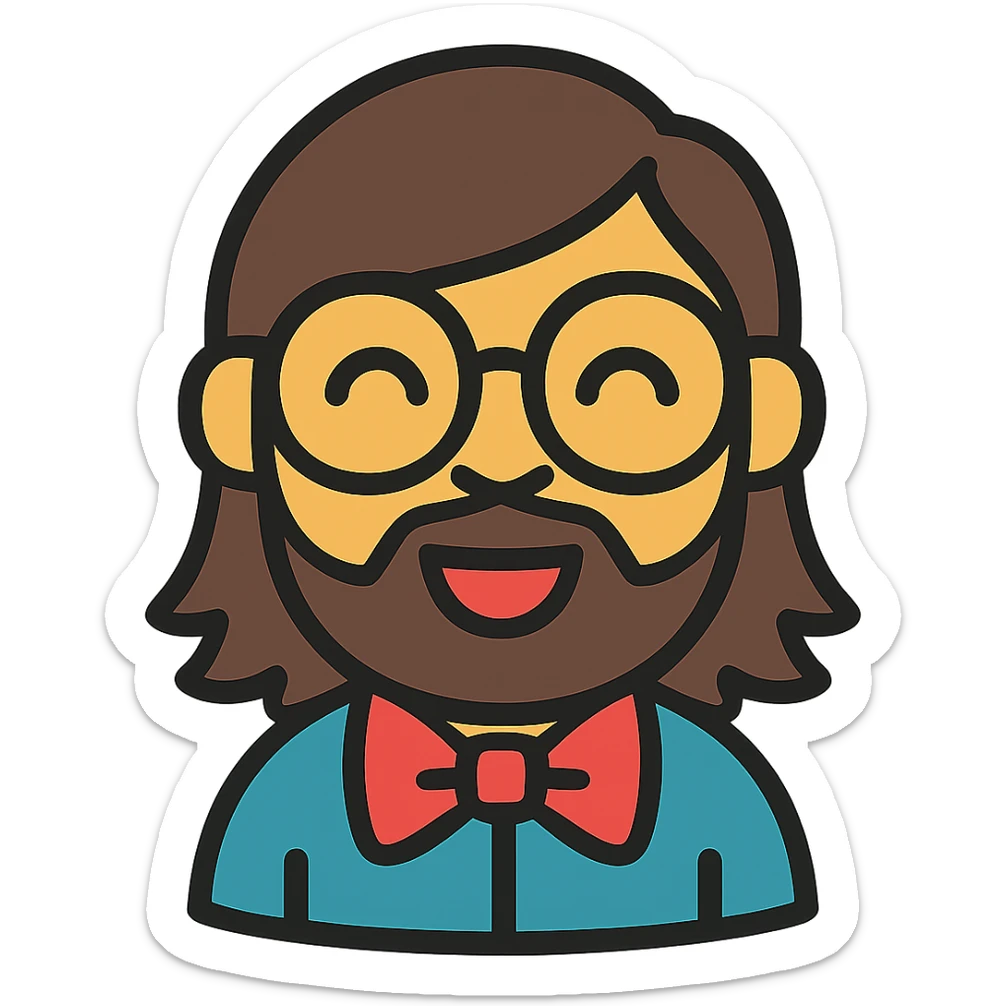 Add long hair and a beard to the nerd with big round glasses and bow tie, keeping the original style and transparent background. sticker