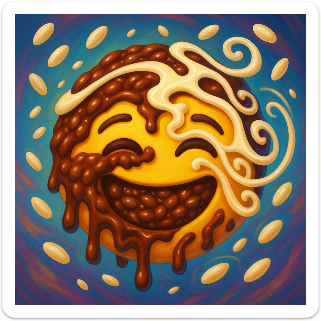 surreal emoji of champorado with dreamlike elements, melting chocolate rice porridge, floating rice grains, whimsical swirls of condensed milk, vibrant colors, playful and imaginative expression sticker