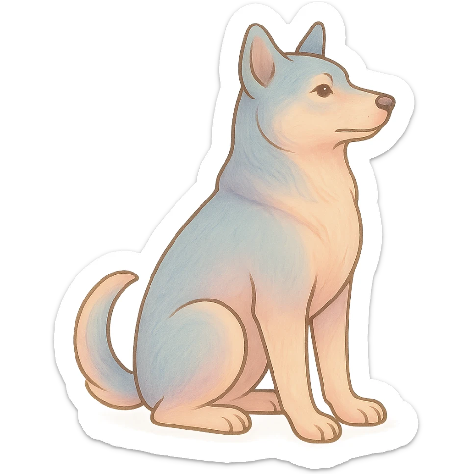 Edit the image to depict a dog as the symbol of the year in Feng Shui, in a Chinese Eastern style. Use thin, clean contours and soft rounded shapes. Apply a pastel palette with colors #98B5BC, #B5B3C1, #C9A3C9, #E4C0CA, #F7DCD1, #F7C0AA. Include detailed shadows and highlights with soft lighting. Keep the silhouette and appearance as in the reference. Make it less cute and without decorative elements. Transparent background. sticker