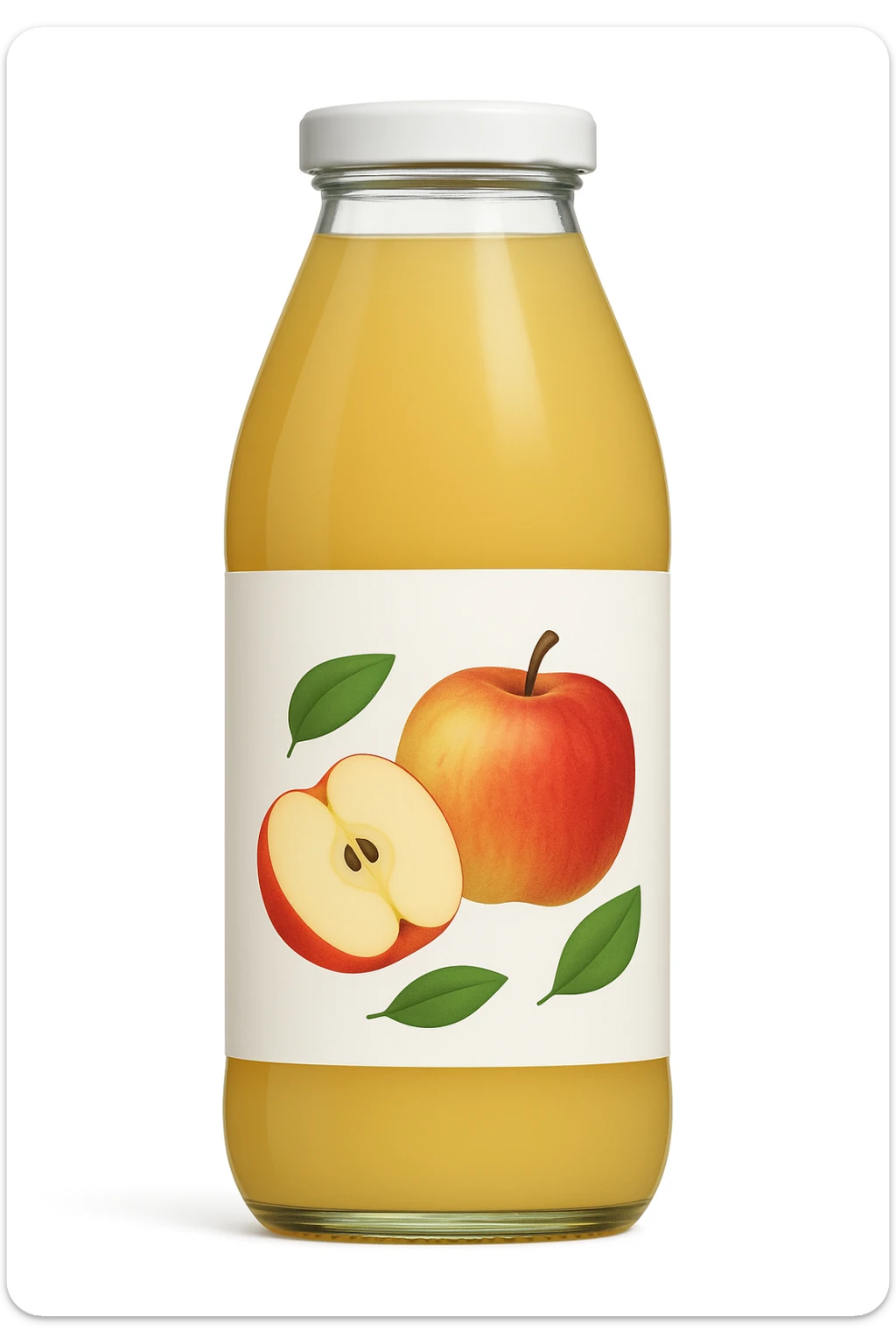 Change the juice and label to apple flavor, with an apple illustration on the label, matching the style and bottle shape of the reference image. sticker