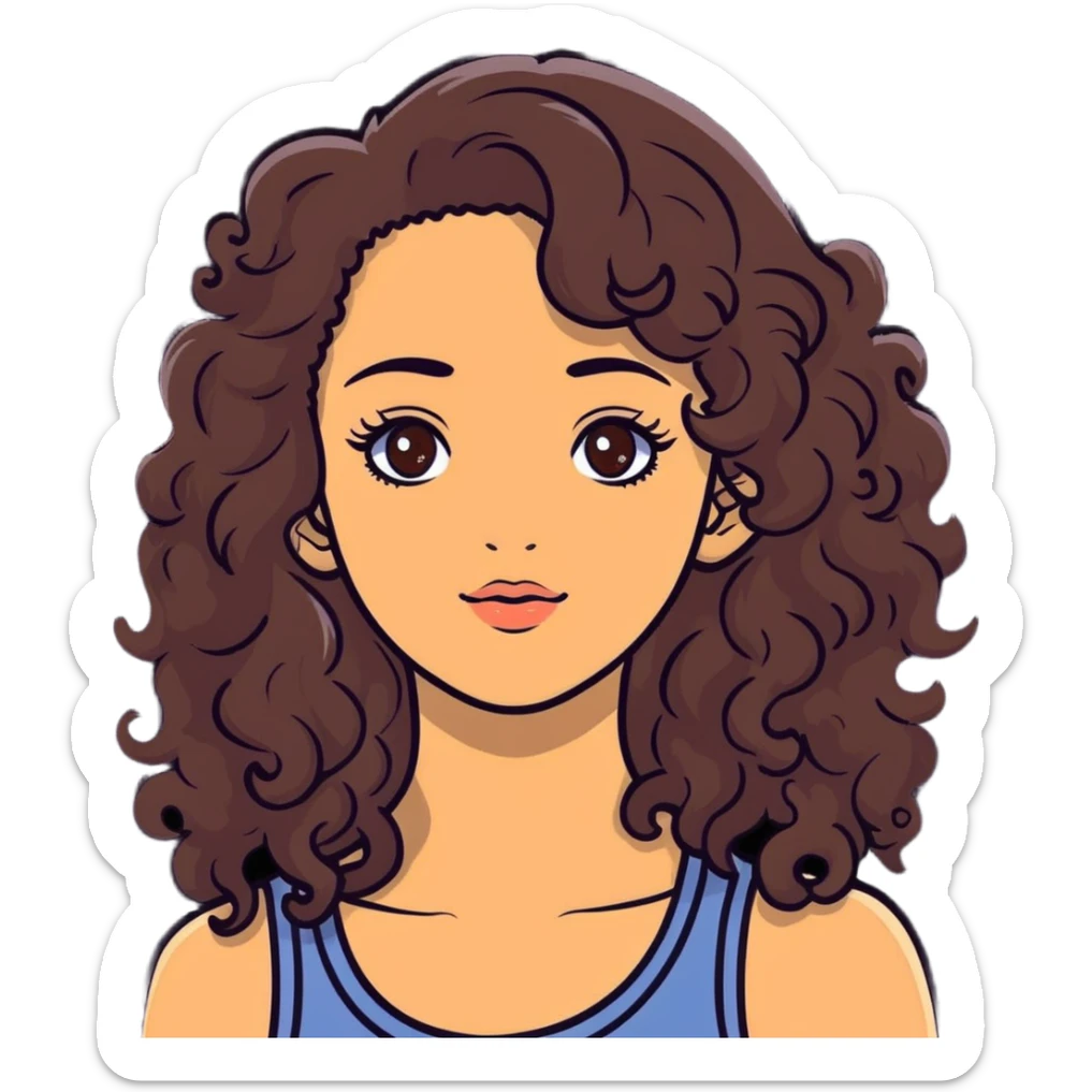 young woman with long curly brown hair, hazel eyes, long eyelashes sticker
