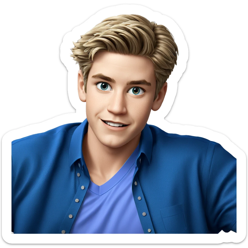 smiling boy in blue shirt sticker